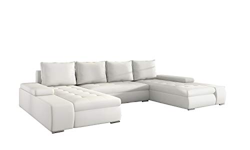 E-MEUBLES Grand canapé d'angle XXL en U panoramique lit Convertible avec Coffre 6/7 Places - en Tissu et Simili Cuir - Salon & séjour - LARINO (Blanc (Soft 17))