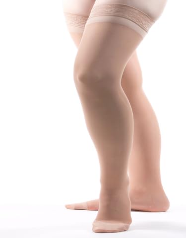 Image of Allegro Women's Thigh High Compression Stockings 20-30 mmHg Support Hose | Lightweight sheer fabric with lace-silicone stay-up band, reinforced heel and balloon toe for secure hold and daily comfort