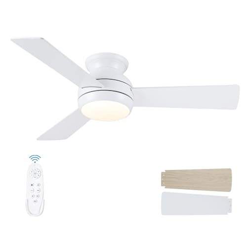 putroad 42 Inch Ceiling Fans with Lights and Remote, Low Profile Ceiling Fan with Light Flush Mount, Reversible, 6 Speeds, 3CCT Dimmable White Ceiling Fan for Bedroom Dinning Room Indoor