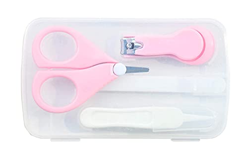 Image of Baby Scissors and Nail Clipper set /4-In-1 Baby Grooming Kit in Plastic Box Packing-Pink