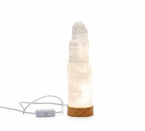HEIMTEX Selenitkristalllampe weiße USB-LED-Selenitlampe in 3 Größen - 30cm natürlich geformter Selenit stein kristallturm für metaphysische Reinigung Heilung Meditation und Heimdekoration