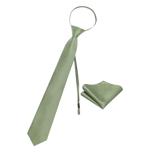 Image of YourTies Zipper Tie for Men Adjustable Pre-tied Satin Neckties and Pocket Square Set Solid Color Business Formal Wedding