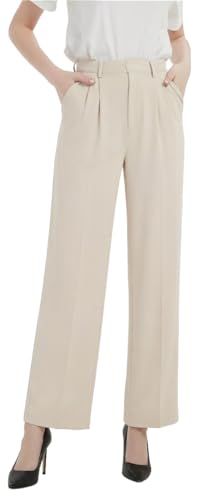 Tronjori Women High Waist Casual Straight Leg Long Business Work Suit Dress Pants Wide Leg Trousers Regular Waistband(6,Beige)