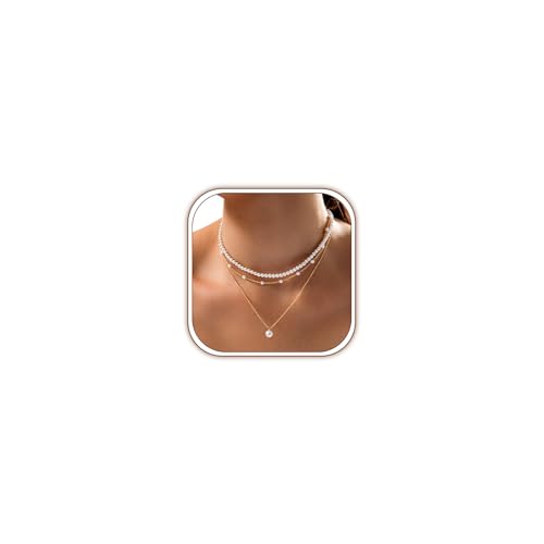 Zeffy Layered Gold Pearl Necklaces for Women 14K Gold Plated Dainty Layered Tiny Single Pearl Choker...