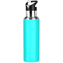 Cyan Water Bottle Thermos with Straw Lid for kids Boys Girls,600 ml,Leakproof Stainless-Steel Sports Bottle Cups for Women Men