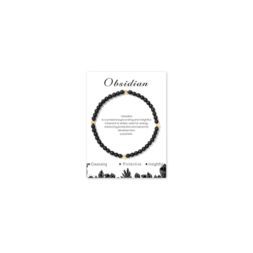 GoPaw Edelstein Armband Damen, 4mm Naturstein Armband Perlenarmband Damen Turmalin Armbands Karneol Armbands für Mama Tochter Oma Enkelin Schwester (Schwarzer Obsidian)