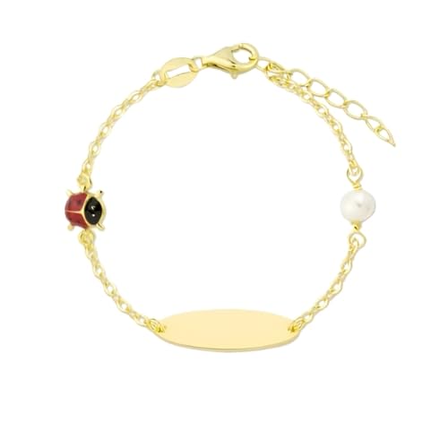 Turmalina by martina, Pulsera Esclava ID, Dorada, de Plata de Ley 925, Bebé o Niña, con Placa y Detalle de Mariquita, Larga de 11 cm y 2,5 cm de Extensor