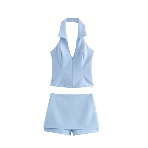 MANFUKUYA Women's Halter Sets, Chic Halter Shirt Neck Backless Top