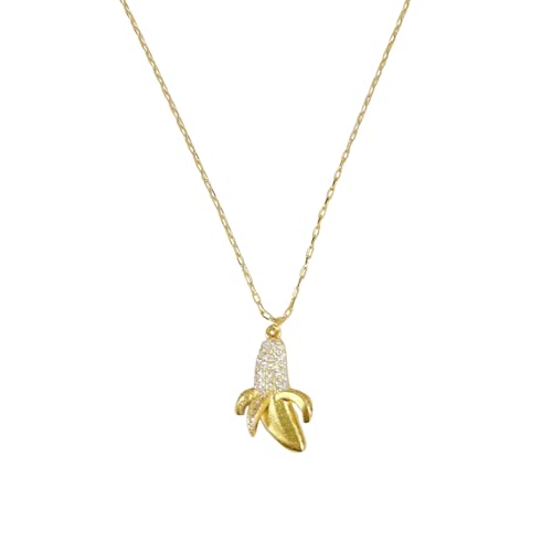 Dainty Banana Pendant Necklace for Women Gold-Plated Fashion Cute Peeled Tropical Fruit Choker Cubic Zirconia Lifelike Food Charm Adjustable Chain Necklaces Jewelry Gift for Her Daughter BFF