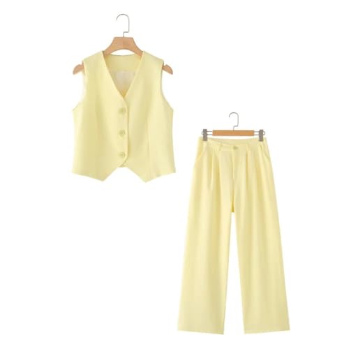 Women's Summer Casual Solid Color V-Neck Sleeveless Single Breasted Vest Fashion High Waist Pants Set2