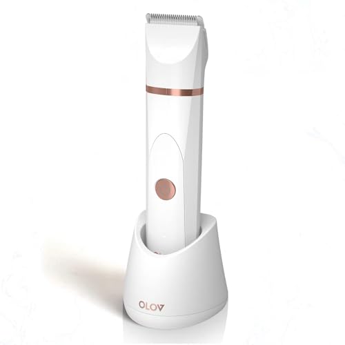 Image of OLOV Electric Body Hair Trimmer - Groin Trimmer for Men - Bikini Trimmer Women - Wet /Dry Shaver Groomer, Replaceable Ceramic Blade Heads, USB Recharge Dock, Waterproof Hygiene Razor, White