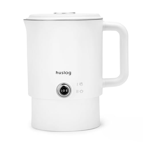 huslog Bouilloire Électrique de Voyage 2 en 1 0,8L Pliable Blanche, 650W, Acier Inoxydable 304, Double Paroi, Base 360° avec Câble Intégré, Mini Casserole...