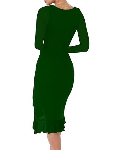 Image of BORIFLORS Women's Elegant Ruched Bodycon Midi Cocktail Dresses | Long Sleeve, Fall Winter, Square Neck, Ruffle Hem, Party Dress