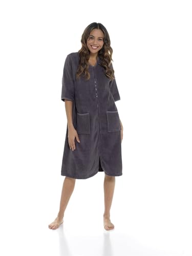 Image of Women's 100% Cotton Terry Zip Bathrobe - Short Sleeve Toweling Robe & Absorbent Housecoat