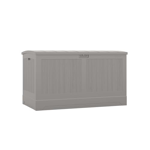 Suncast 200-gal. All-Weather Patio Deck Box, Made in the USA, with Pad-Lockable Lid, Extra-Large Outdoor Storage Unit for Patio Furniture and Grill Tools, Dove Gray Color
