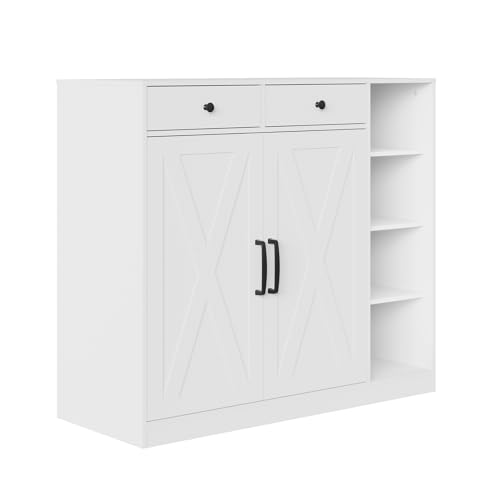 MilleLoom Farmhouse Shoe Cabinet with 2 Barn Doors & 2 Drawers, 4 Adjustable Shelves Shoe Storage Organizer Cabinet, Hooks & Open Storage for Hallway, Entryway, Mudroom, Closet, White by MilleLoom - Image 7