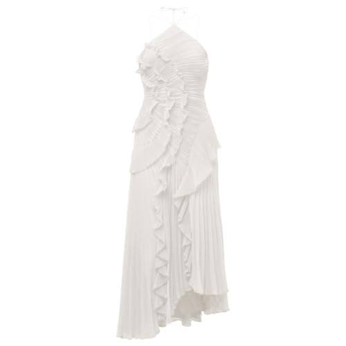 Elegante Vestido Largo de Noche con Escote Halter para Mujer, sin Mangas, con Volantes, Corte Fluido, Color Blanco, Talla Extragrande.