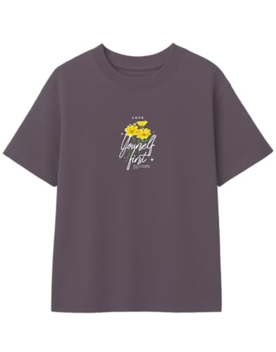 Image of Oversized Cotton T-Shirt for Women Half Sleeve - Love Yourself First Printed Tee - Breathable Loose Fit Motivational Casual Wear for College and Daily Outfits