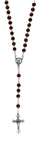 Eurofusioni Rosario religioso católico Mujer y Hombre - Collar de Cuentas de Madera marrón y Cruz Plateada Cover