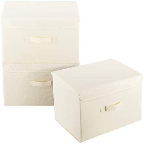3Pcs Fabric Storage Boxes With Lids For Wardrobe Clothes Toy Foldable Linen 37*24*25cm (Beige) Cover