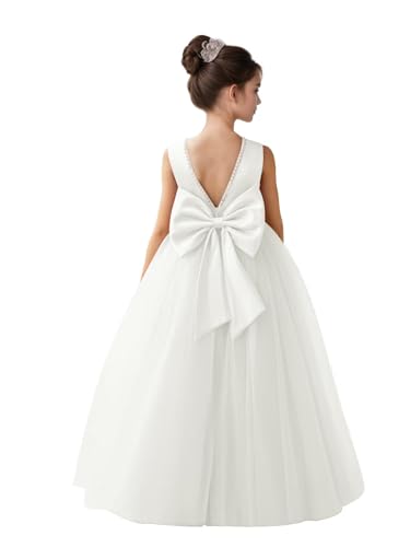 Flower Girls Dress for Wedding Satin Tulle Pageant First Communion Dress Pearls Ball Gown with Bow-Knot