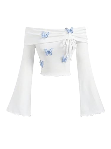 SweatyRocks Girl's 3D Butterfly Off Shoulder T Shirt Appliques Drawstring Bell Long Sleeve Tops