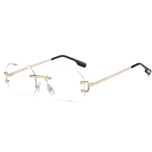 kachawoo Lunettes de soleil sans monture octogone pour hommes femmes lunettes de soleil sans cadre polygone Uv400 or métal jambes lunettes unisexe pour les vacances de fête (Gold with clear) Cover