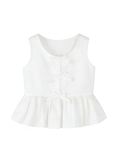 Ecolala Girls Sleeveless Peplum Tops Bowknot Ruffle Hem Tank Tops Summer Blouse White 13-14 Years