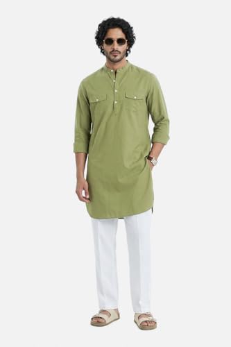 Image of SNITCH Men Casual Kurta Shirt | Regular Fit Full Sleeve Mandarin Collar Solid Pattern | Premium Cotton Linen Blend & Breathable Fabric for Festive Season & Holiday Wear