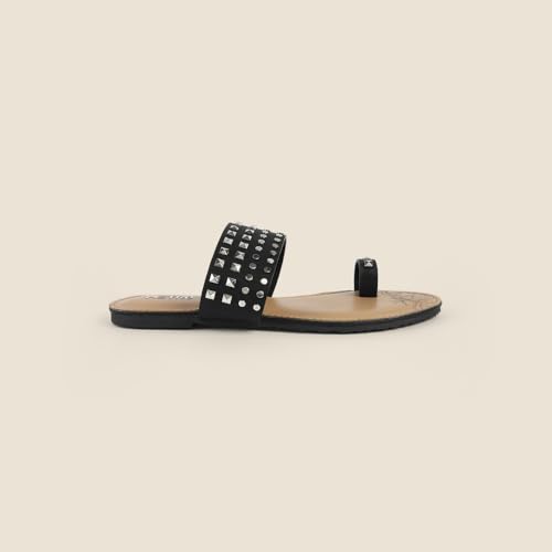 Image of Metro Women Synthetic Studded Toe-Ring Embellished Flat Sandals