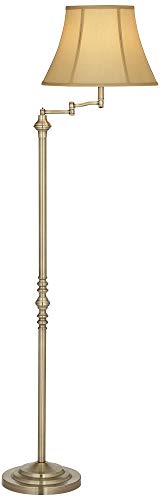 Regency Hill Montebello Traditional Adjustable Swing Arm Floor Lamp Standing 60" Tall Antique Brass Metal Column Golden Tan Bell Shade For Living Room Reading House Family Bedroom Home #TOP5