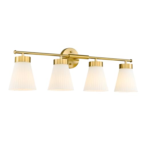 Image of Bathroom Light Fixtures Brushed Gold, HWH 4 Light Vanity Lights Over Mirror, Modern Wall Lamp Bathroom Lighting with Frosted White Striped Glass, 5HZG97B-4W BG