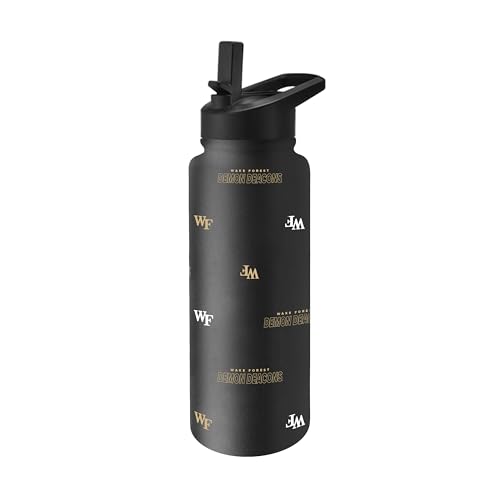 Image of Logo Brands NCAA Wake Forest Demon Deacons Step & Repeat 34 oz Stainless Steel Quencher Bottle - All Over Logo Design, No-Spill Lid, Easy Carry Handle - Keeps Drinks Cold For Hours