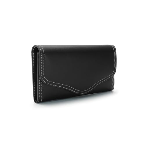 2R Fine Grained Cowhide Leather Wallet, Long Flap Design with Multiple Card Slots (Black)2