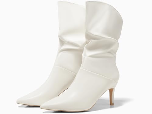 Coutgo Womens Slouchy Mid Calf Boots Stiletto High Heel Leather Booties Pointed Toe Pull on Fall Winter Shoes3