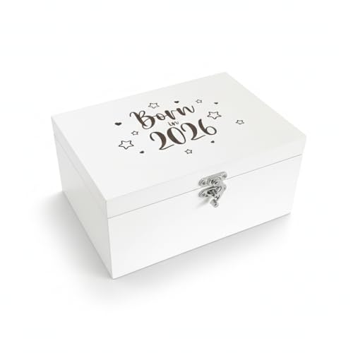Born in 2026 Engraved Baby Memory Box | White Wooden Keepsake Storage | Gender Neutral Gift for New Parents Baby Shower & Grandparents | 22cm x 15cm x 10cm