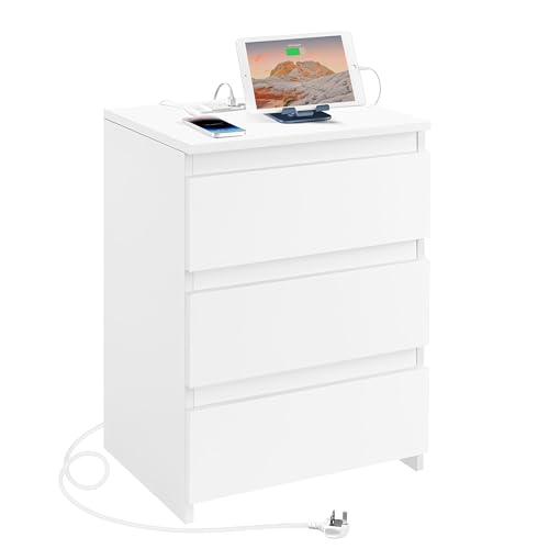 Yaheetech Bedside Table with Charging Station - Nightstand with 2 USB Ports, 2 Outlets & 3 Drawers, End Table for Bedroom, Living Room, Small Spaces, White