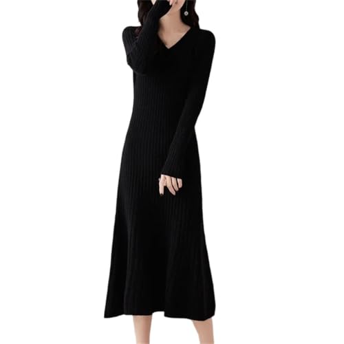 Women's Woolen Dress Lonf -Sleeve V-Neck Midi Loose Fall Winter Casual Dresses Black M