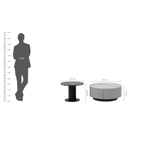 Image of Royaloak Lucca Italian Glass Coffee Table Set of Two | Tempered Glass with Marble Effect Surface & Cylindrical Base | Drawer Storage, Contrasting Side Design, Stylish Centre Table for Living Room