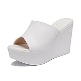 TNMIUH Mules Compensées Femme en Cuir, Plateforme 11 cm, Peep Toe, Été Style Loisirs Sandales Chaussons, Noir et Blanc,Blanc,34 EU