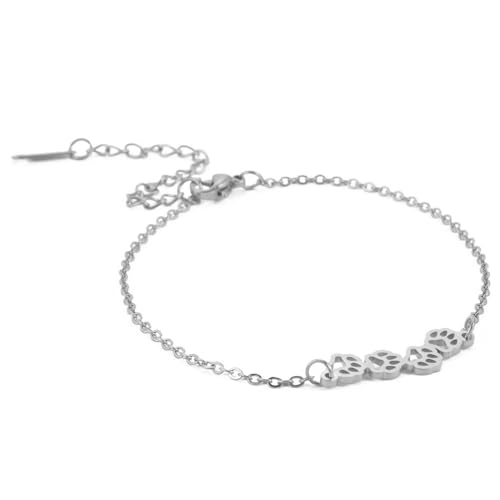 Cute Pawprint Anklet for Women Pet Cat Dog Paw Summer Beach Charm Adjustable Foot Anklet Bracelet Waterproof Gold-Tone Plated Stainless Steel Link Infinity Birthday Vacation Jewelry Gift for Mom (Silver)