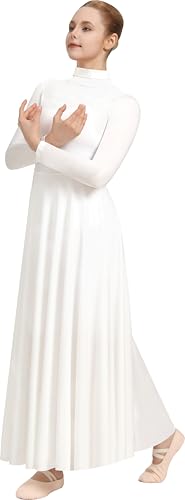 Sanmsoner White Praise Dance Dresses for Women High Neck Long Sleeve Dancewear Liturgical Worship Dress,Soft Lining(238110-07-S)
