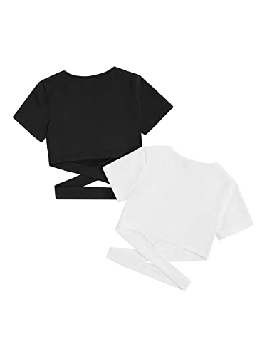 Milumia Girl's 2 Piece Cut Out Crisscross Tee Crop Tops Short Sleeve Round Neck T Shirts2