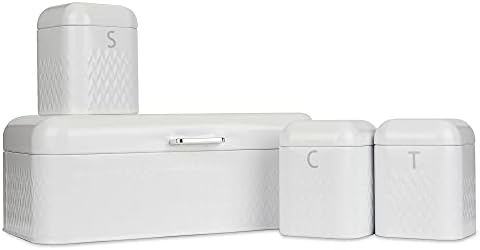 LIVIVO Taurus 4pc Kitchen Storage Set with Airtight Lids Includes Tea Coffee Sugar Canister Jar with Matching Stylish Bread Bin (White)