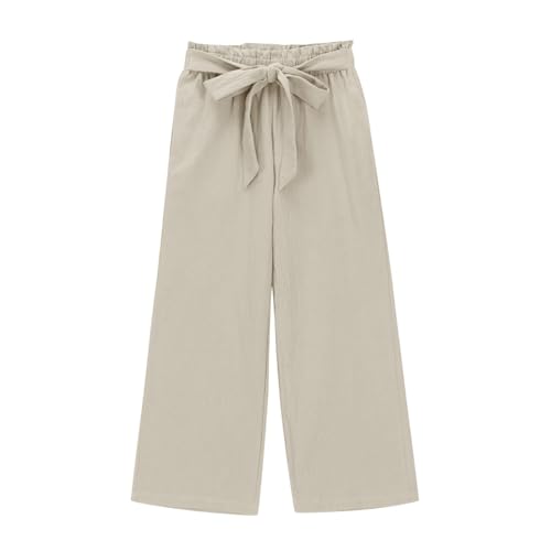 Girls Cotton Linen Pants Bowknot Belt Plain Lightweight Breathable Trendy Pants Elastic Waist Wide Leg Loose Trouser3