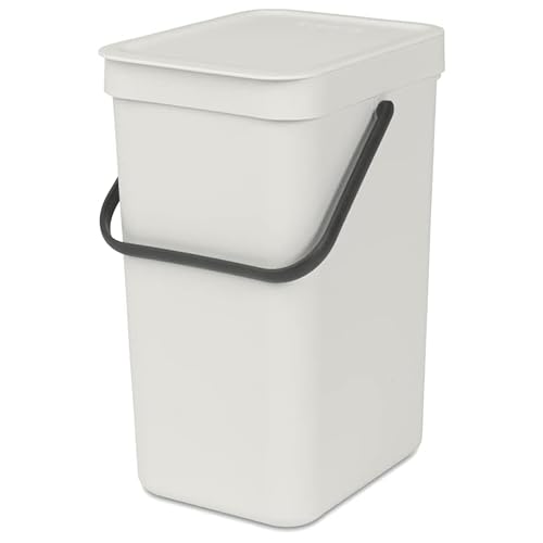 Brabantia Sort & Go Recycling Trash Can 3.2 Gallons (Light Gray) Space-Efficient Plastic Garbage Can with Handle, Removable and Stay-Open Lid, Easy to Clean Kitchen Can Without Nooks and Rims