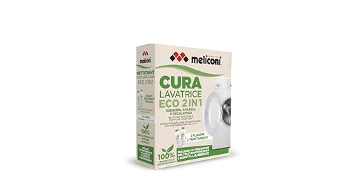 Meliconi Cura Lavadora Liquido Eco 2-en-1, Desinfectante y Anticalcáreo Lavadora, Fórmula Natural, Envase Reciclable, 2 Frascos de 250ml Ideales para 2 Tratamientos Completos