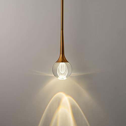 Modern Crystal Pendant Light, Gold Brushed Bronze Finish Mini LED Light, Metal Rod Ceiling Spherical Glass Chandelier, for Kitchen Island Bedroom Restaurant bar (2-Pack)