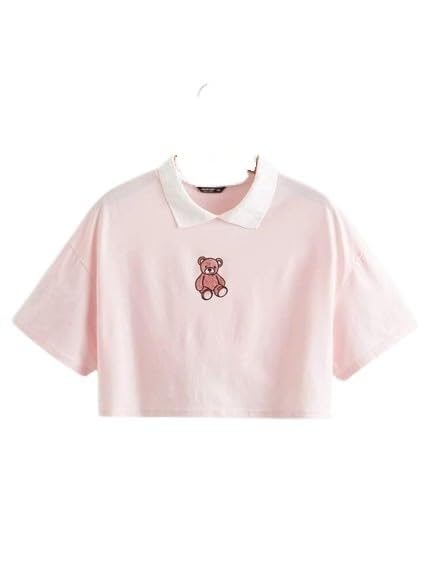 Women's Oversized Cropped Polo T-Shirt | Soft Cotton Blend Half Sleeve Collar Neck Casual*Bhalu Tshirt Parent-image-27