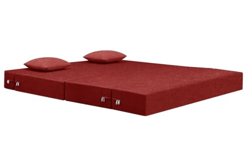 Image of Rosebell Lightweight Foldable 2-Person Sofa Cum Bed Jute Fabric- Washable Cover- Including Cushion - Size 4' X 6' Ft (Red) Perfect for Home & Office